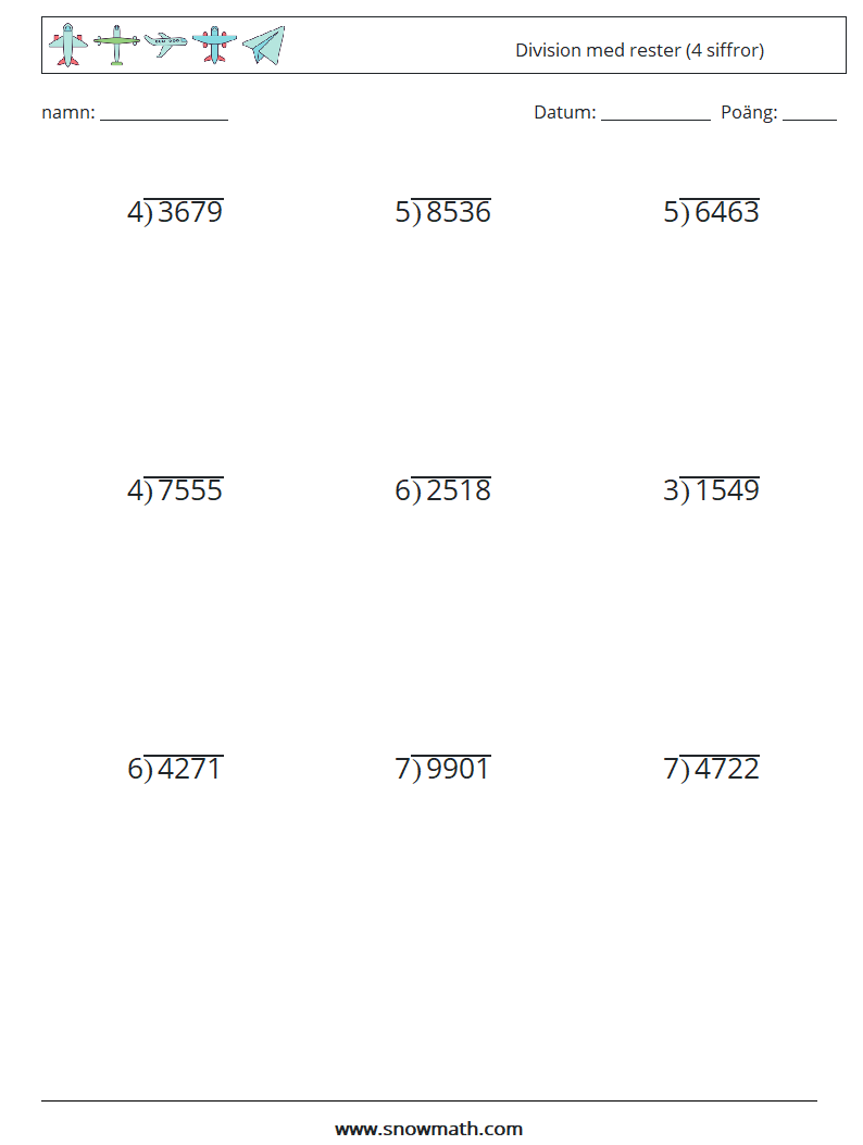 (9) Division med rester (4 siffror) Matematiska arbetsblad 16