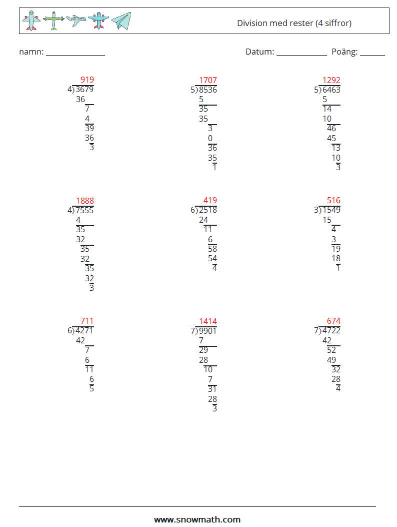 (9) Division med rester (4 siffror) Matematiska arbetsblad 16 Fråga, svar