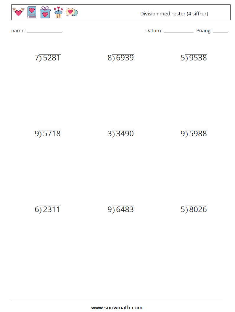 (9) Division med rester (4 siffror) Matematiska arbetsblad 18