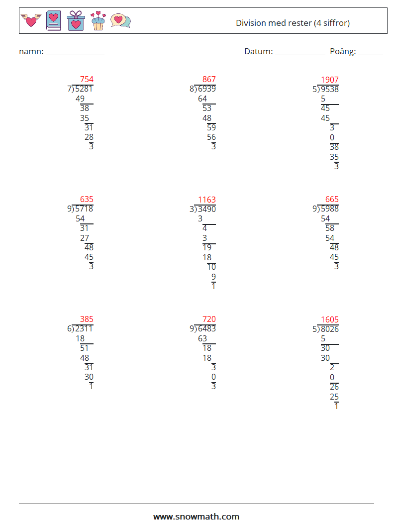 (9) Division med rester (4 siffror) Matematiska arbetsblad 18 Fråga, svar