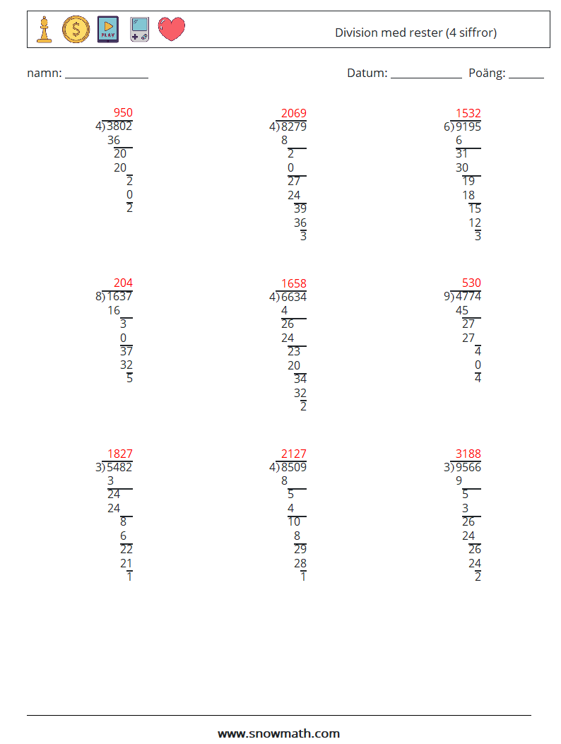 (9) Division med rester (4 siffror) Matematiska arbetsblad 1 Fråga, svar