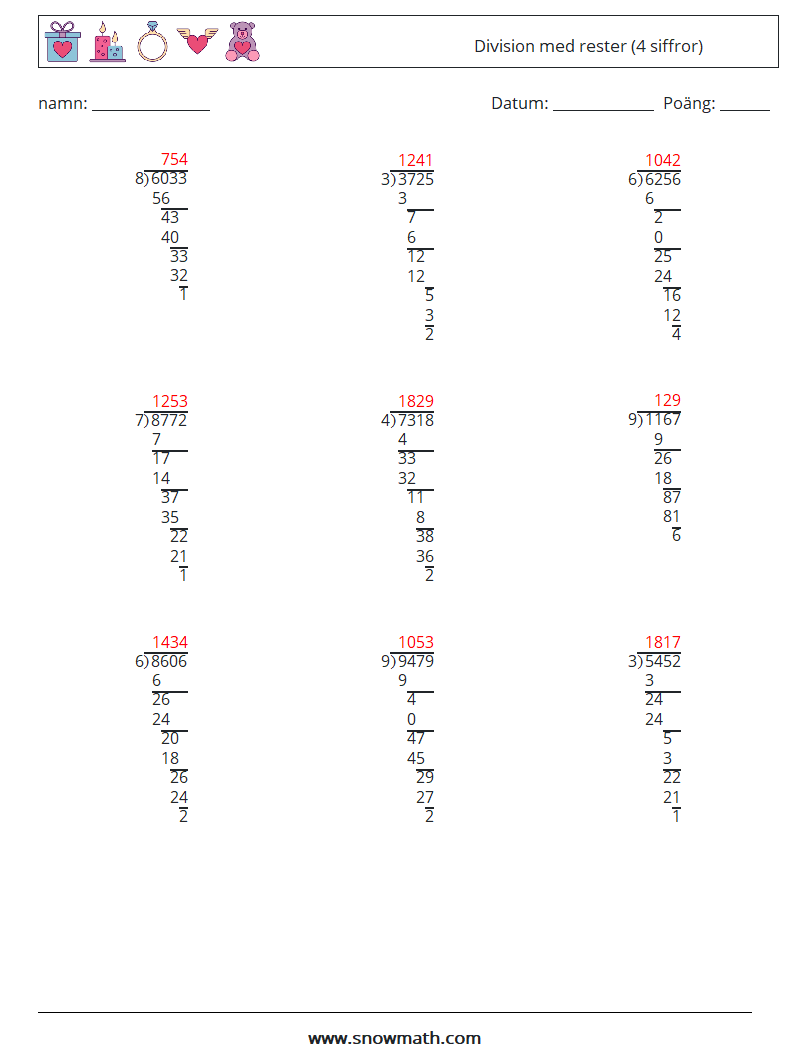 (9) Division med rester (4 siffror) Matematiska arbetsblad 3 Fråga, svar