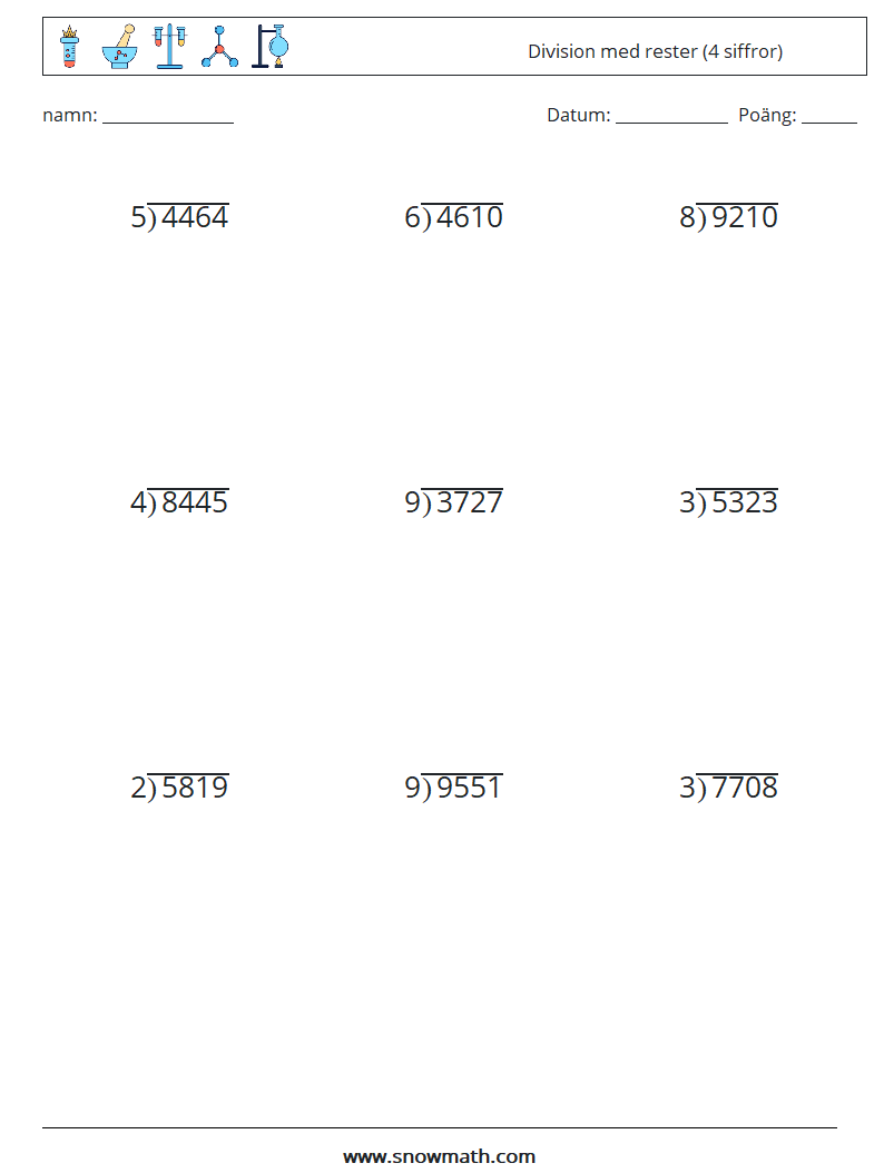 (9) Division med rester (4 siffror) Matematiska arbetsblad 4