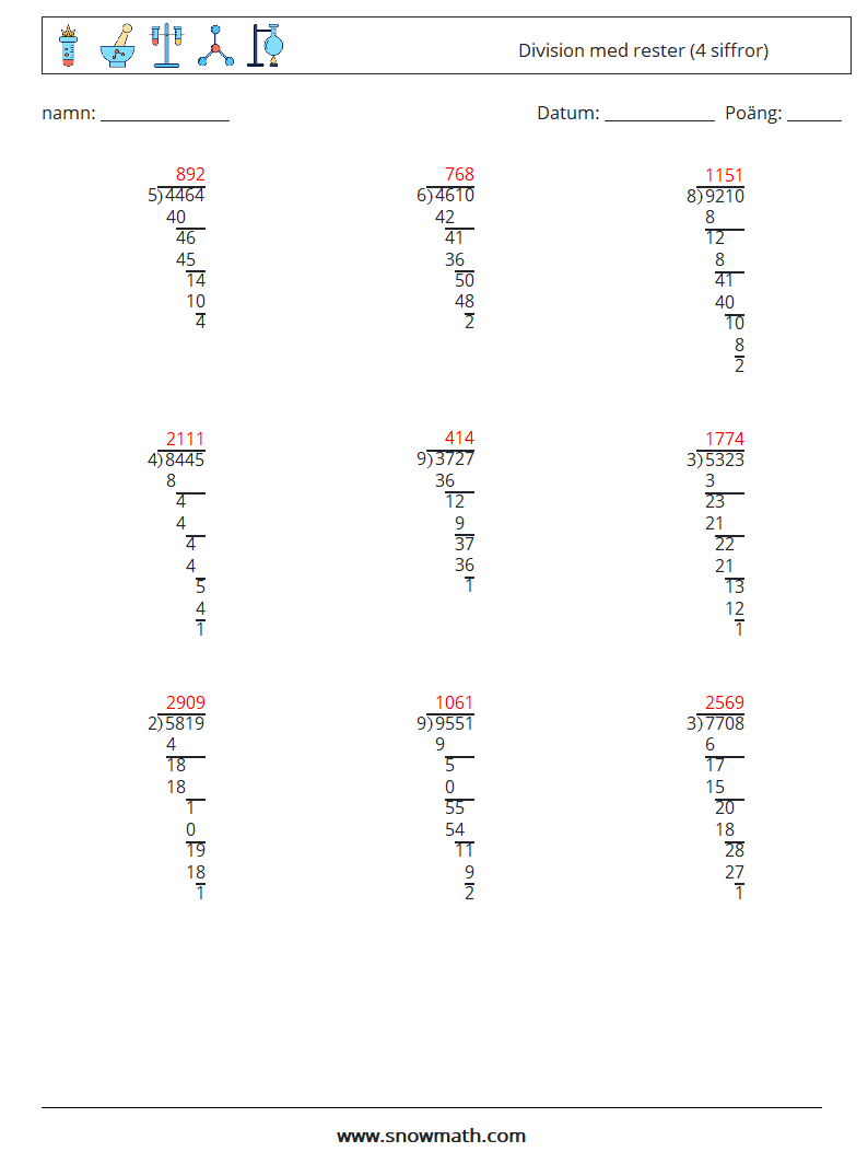 (9) Division med rester (4 siffror) Matematiska arbetsblad 4 Fråga, svar