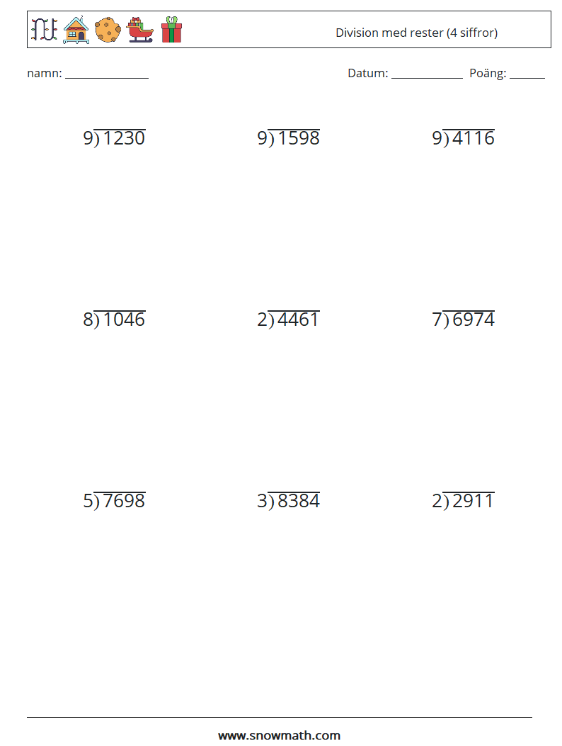 (9) Division med rester (4 siffror) Matematiska arbetsblad 5
