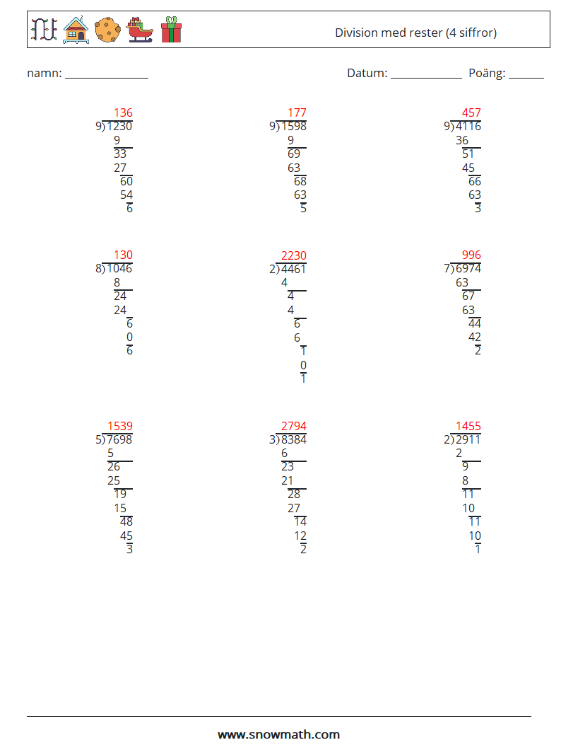 (9) Division med rester (4 siffror) Matematiska arbetsblad 5 Fråga, svar