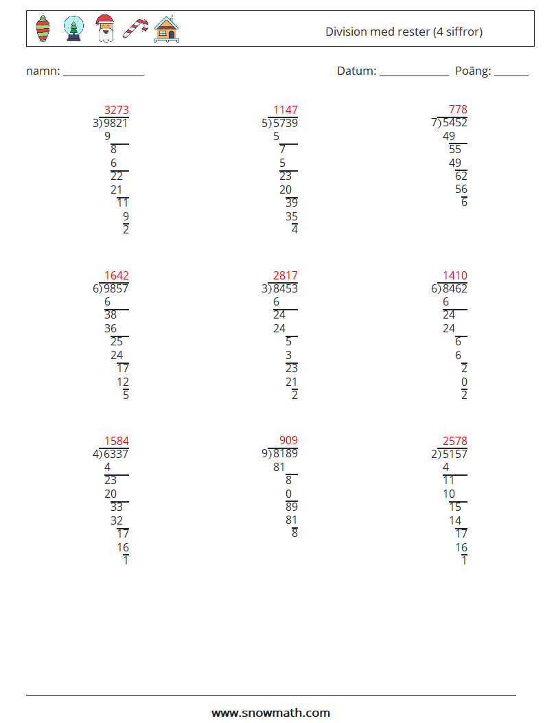 (9) Division med rester (4 siffror) Matematiska arbetsblad 6 Fråga, svar