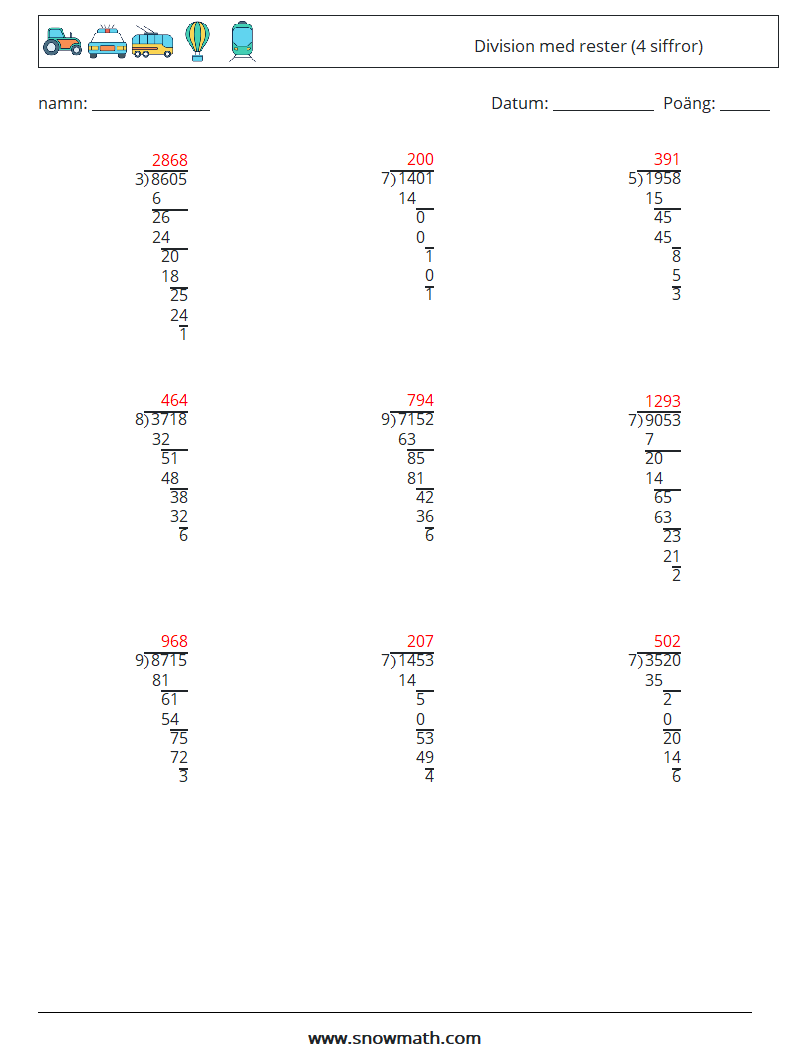 (9) Division med rester (4 siffror) Matematiska arbetsblad 7 Fråga, svar