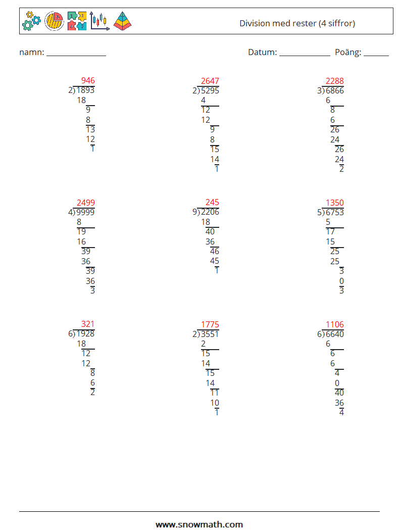 (9) Division med rester (4 siffror) Matematiska arbetsblad 8 Fråga, svar