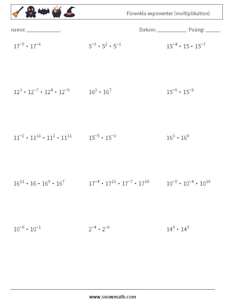Förenkla exponenter (multiplikation) Matematiska arbetsblad 2