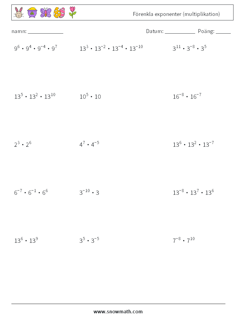 Förenkla exponenter (multiplikation) Matematiska arbetsblad 5
