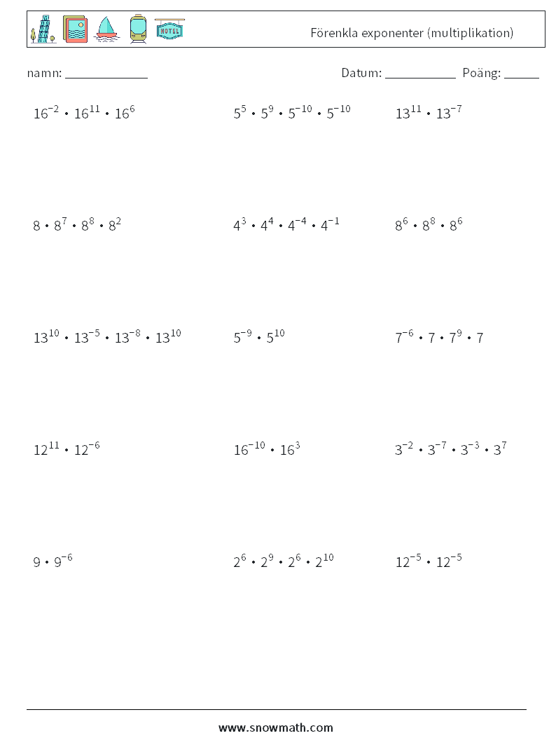 Förenkla exponenter (multiplikation) Matematiska arbetsblad 6
