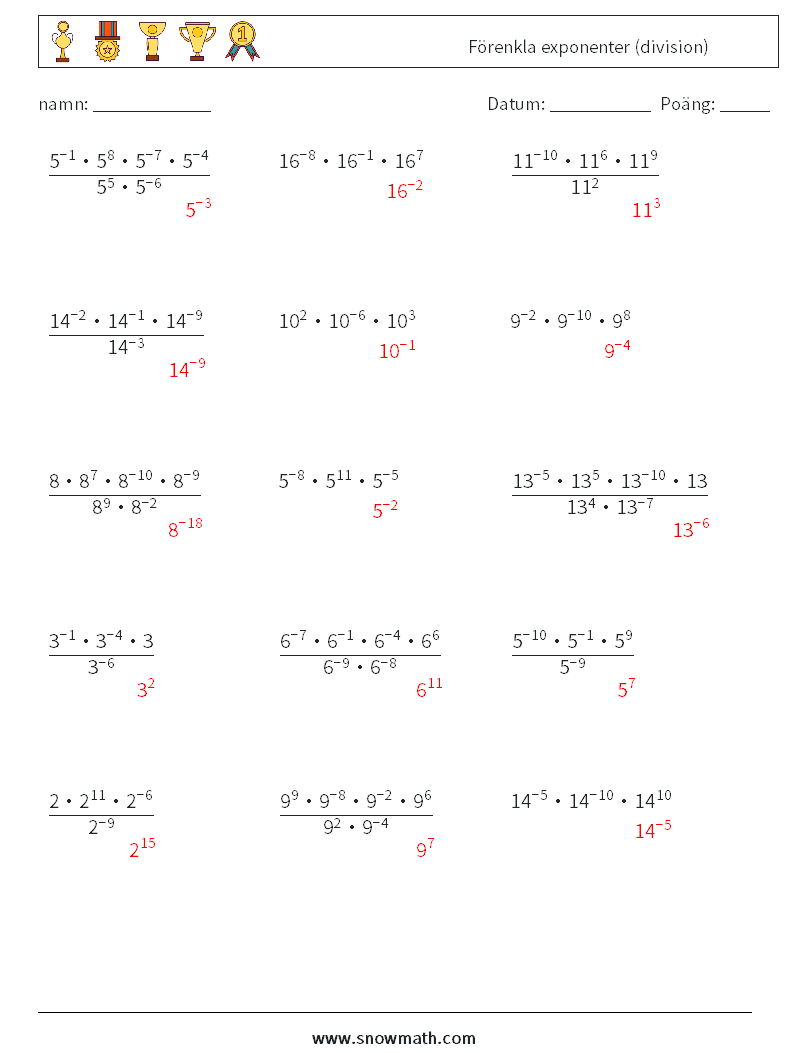 Förenkla exponenter (division) Matematiska arbetsblad 1 Fråga, svar