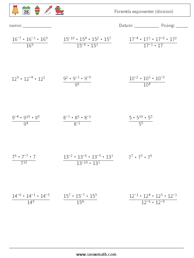Förenkla exponenter (division) Matematiska arbetsblad 2