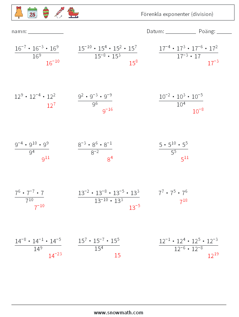Förenkla exponenter (division) Matematiska arbetsblad 2 Fråga, svar