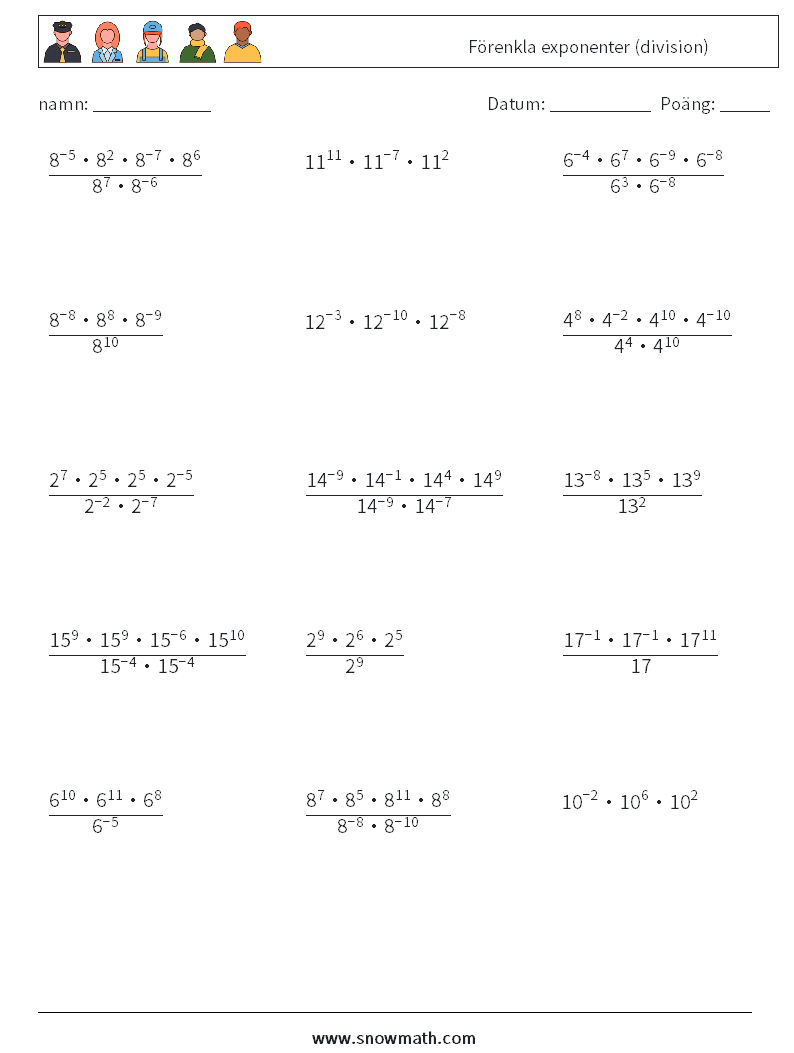 Förenkla exponenter (division) Matematiska arbetsblad 3