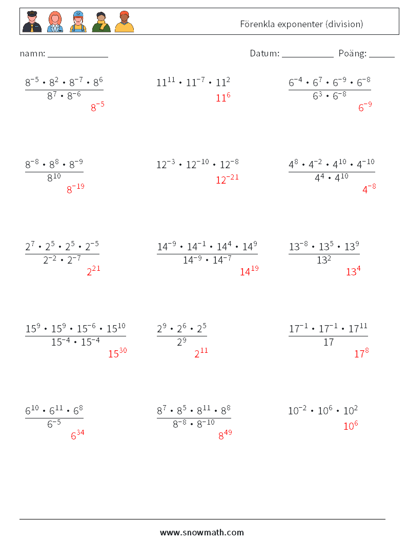 Förenkla exponenter (division) Matematiska arbetsblad 3 Fråga, svar