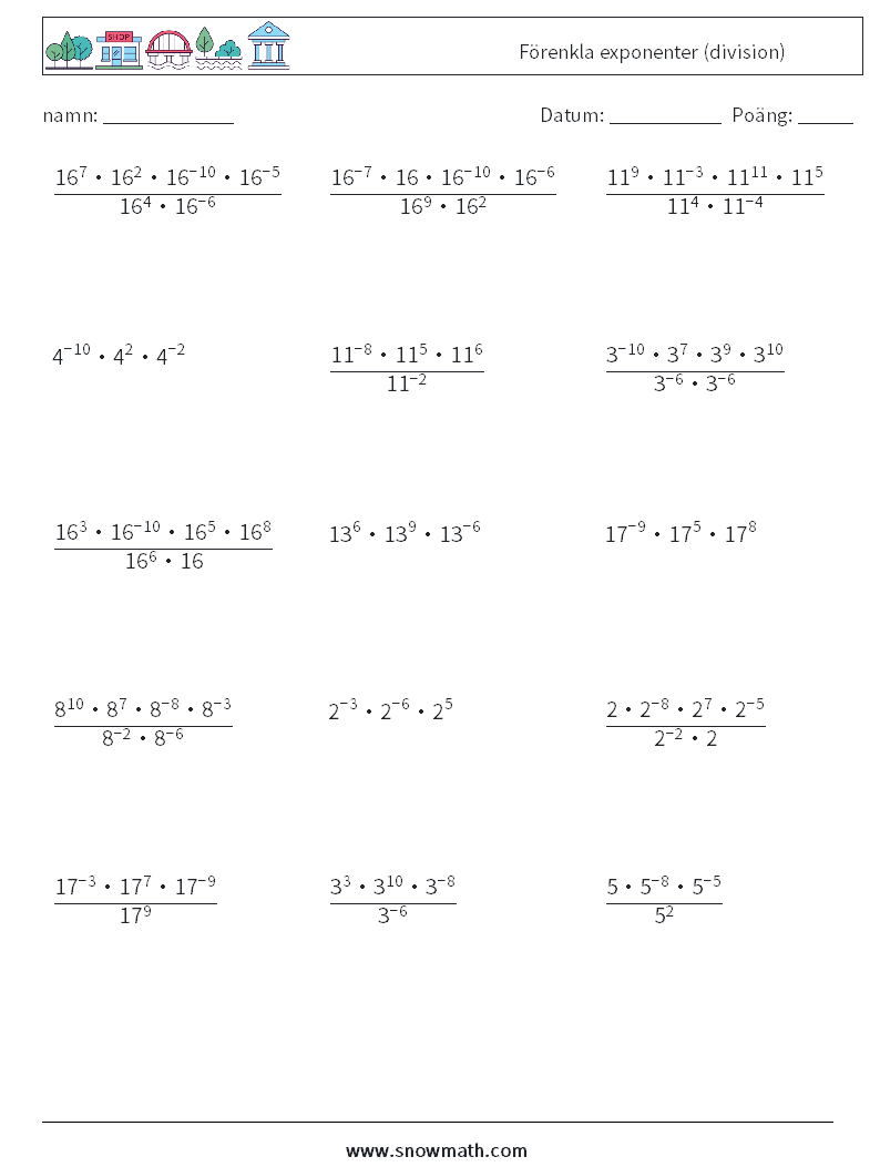 Förenkla exponenter (division) Matematiska arbetsblad 4