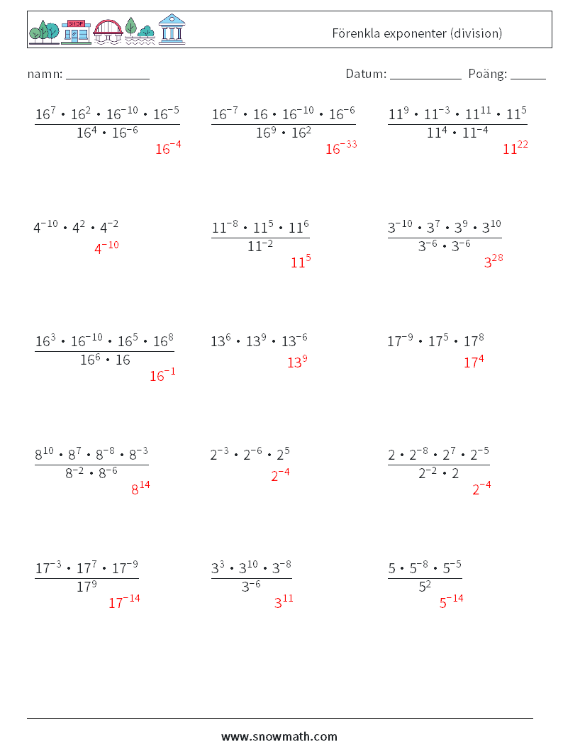 Förenkla exponenter (division) Matematiska arbetsblad 4 Fråga, svar