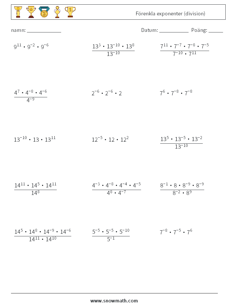 Förenkla exponenter (division) Matematiska arbetsblad 5