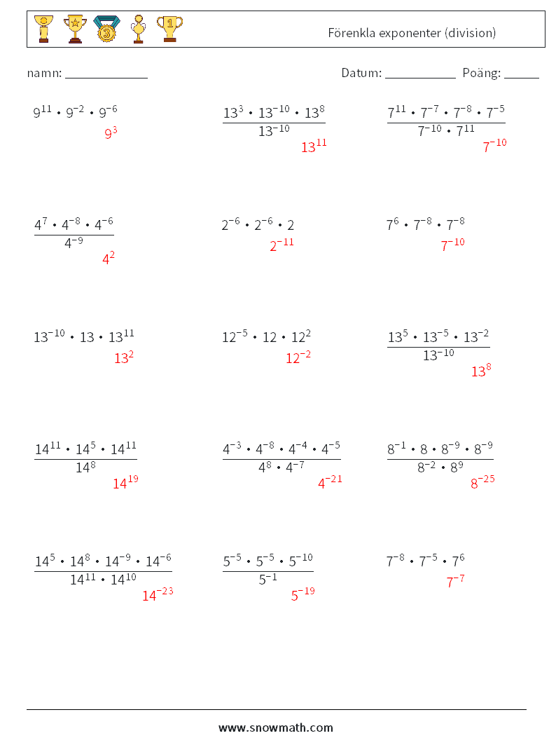 Förenkla exponenter (division) Matematiska arbetsblad 5 Fråga, svar
