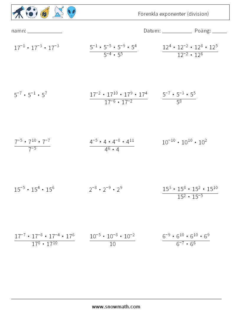 Förenkla exponenter (division) Matematiska arbetsblad 6