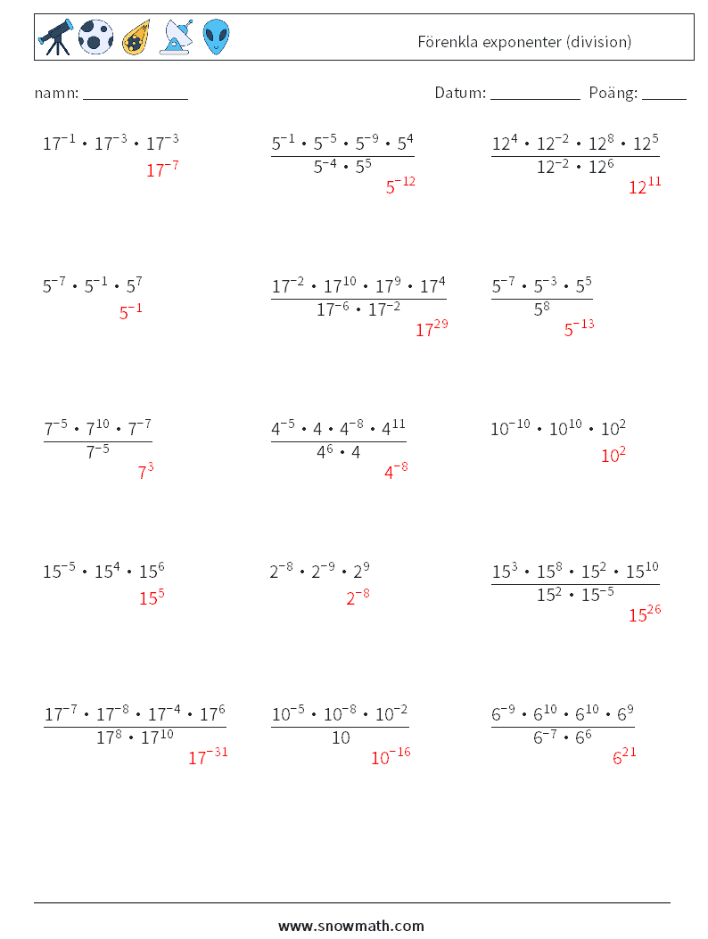 Förenkla exponenter (division) Matematiska arbetsblad 6 Fråga, svar