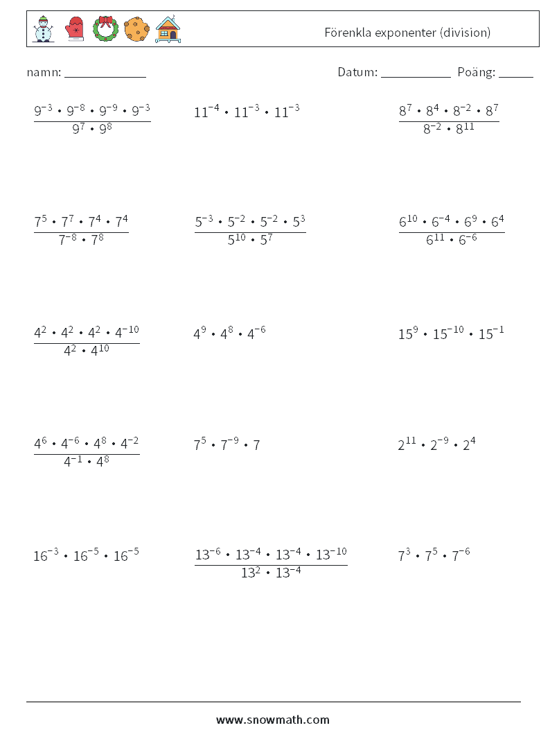 Förenkla exponenter (division) Matematiska arbetsblad 7