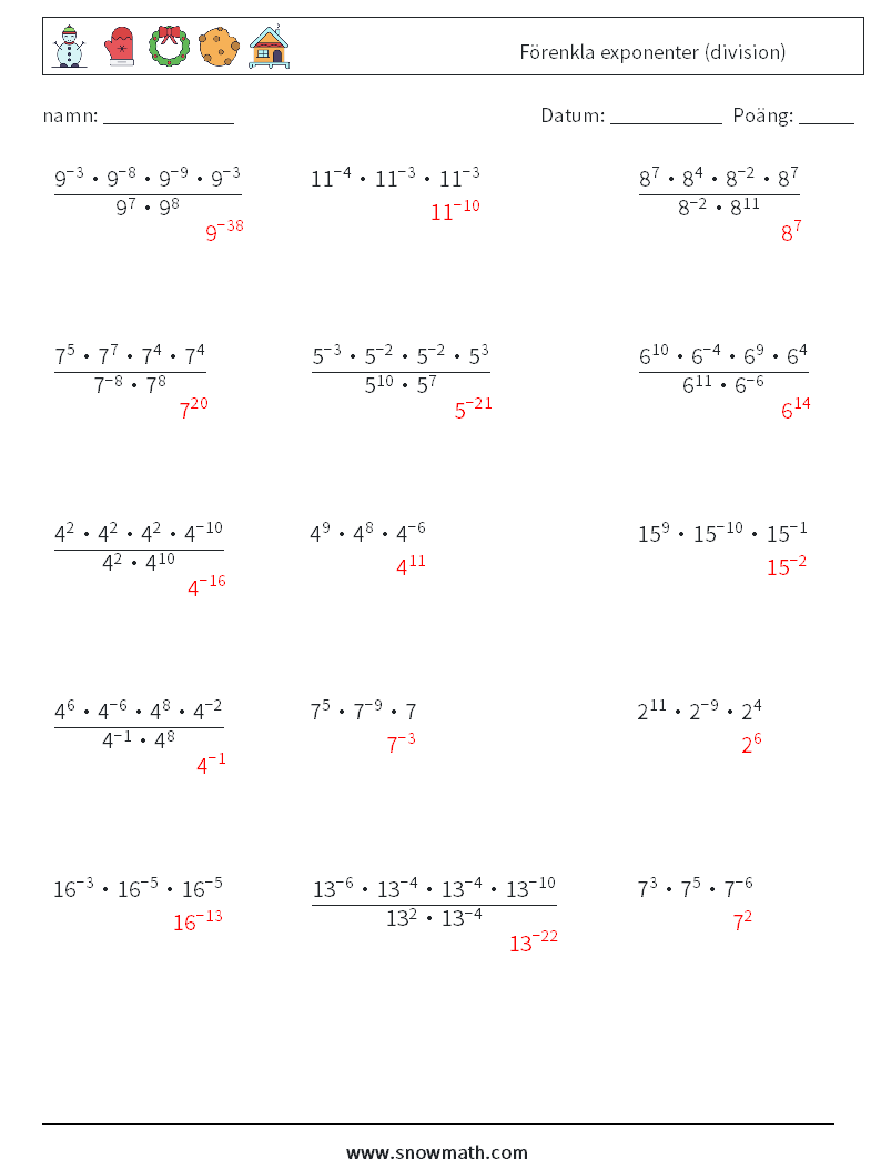 Förenkla exponenter (division) Matematiska arbetsblad 7 Fråga, svar