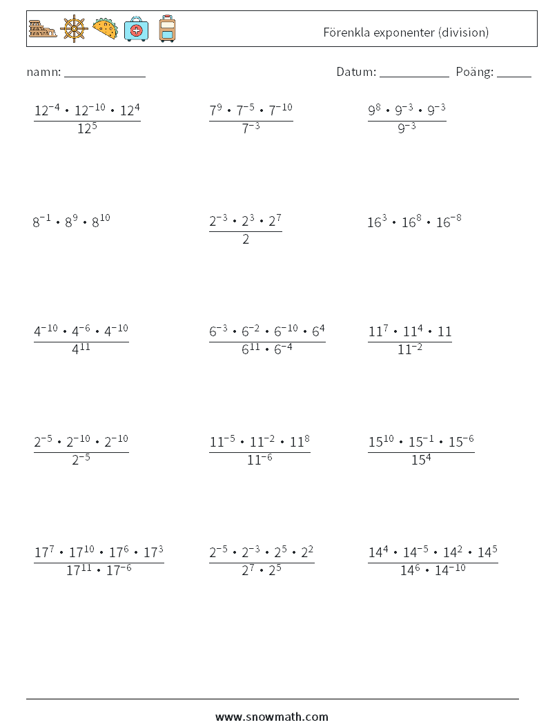 Förenkla exponenter (division) Matematiska arbetsblad 8