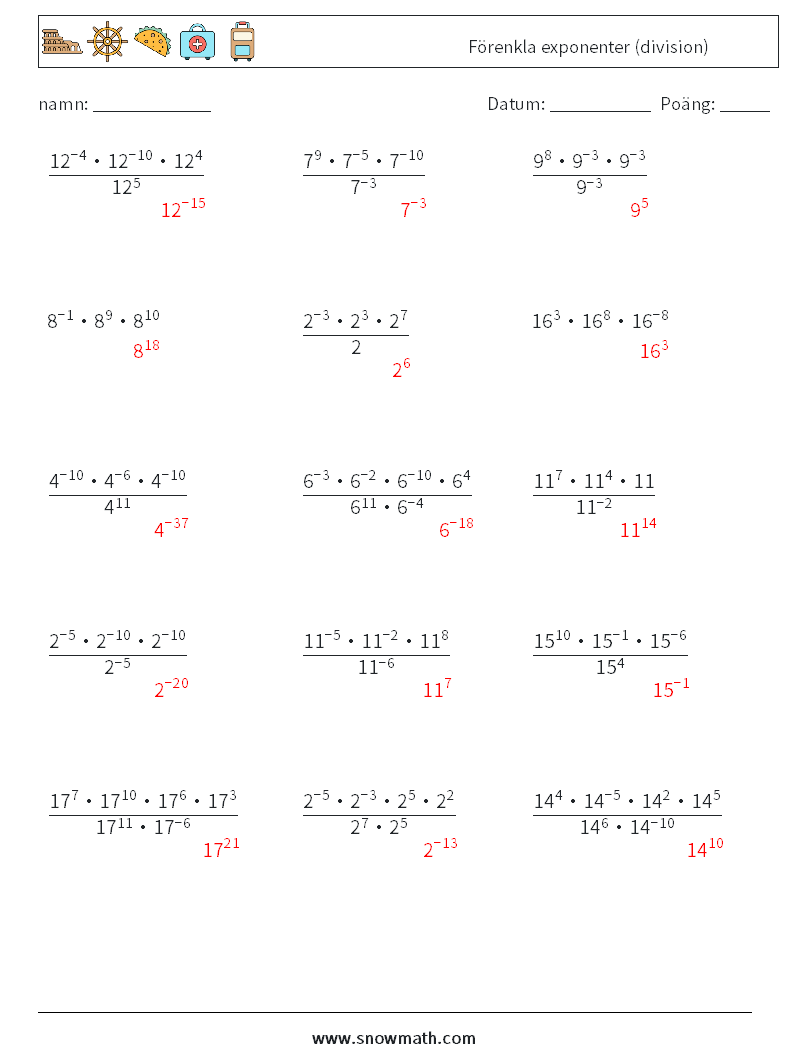 Förenkla exponenter (division) Matematiska arbetsblad 8 Fråga, svar
