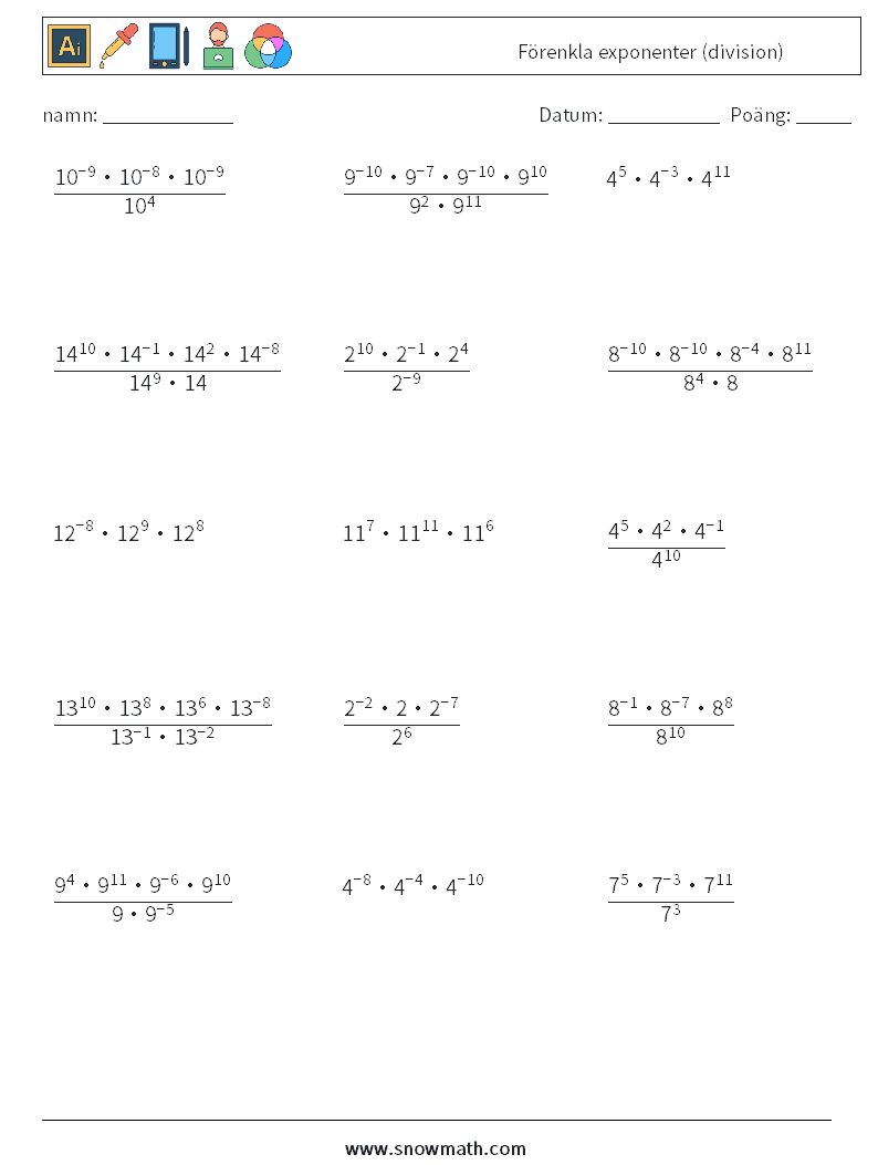 Förenkla exponenter (division) Matematiska arbetsblad 9