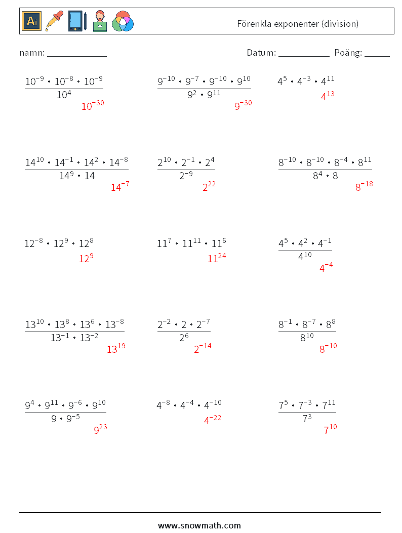 Förenkla exponenter (division) Matematiska arbetsblad 9 Fråga, svar