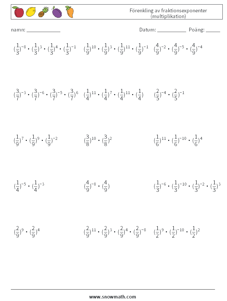 Förenkling av fraktionsexponenter (multiplikation) Matematiska arbetsblad 1