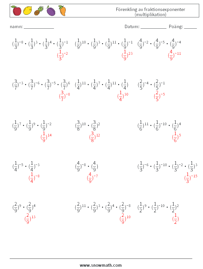 Förenkling av fraktionsexponenter (multiplikation) Matematiska arbetsblad 1 Fråga, svar