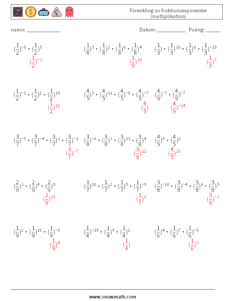 Förenkling av fraktionsexponenter (multiplikation) Matematiska arbetsblad 2 Fråga, svar