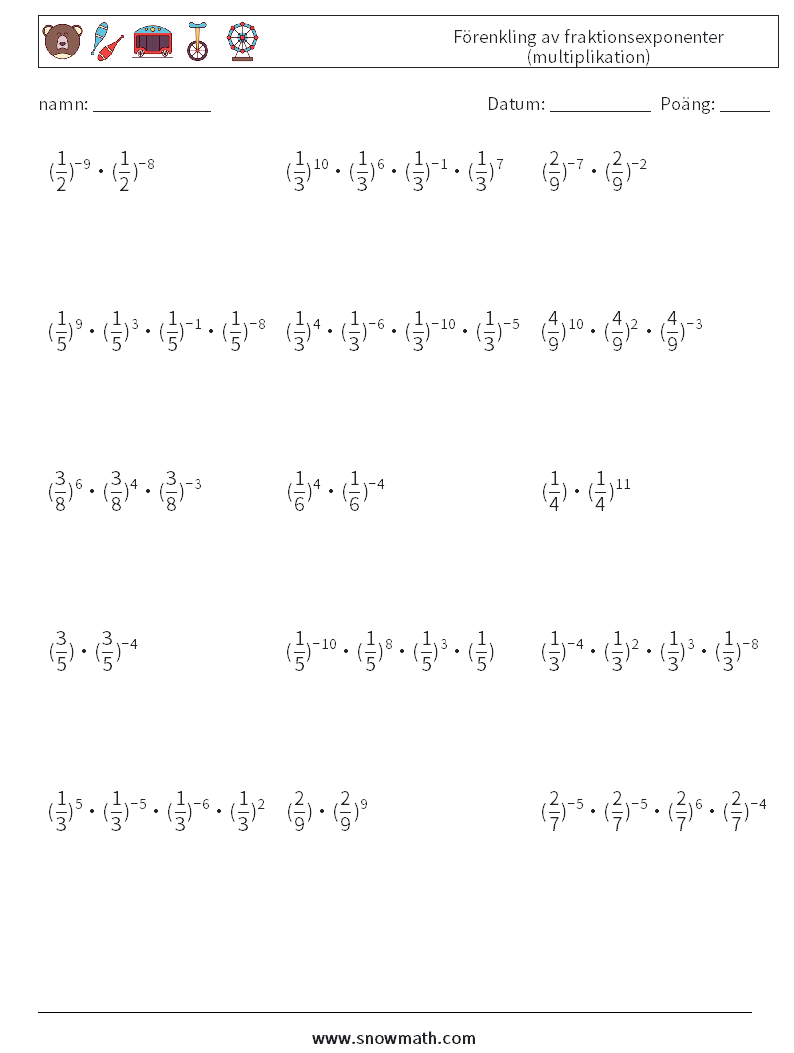 Förenkling av fraktionsexponenter (multiplikation) Matematiska arbetsblad 3