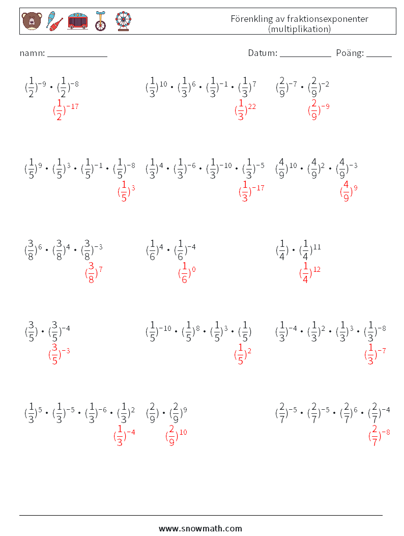 Förenkling av fraktionsexponenter (multiplikation) Matematiska arbetsblad 3 Fråga, svar