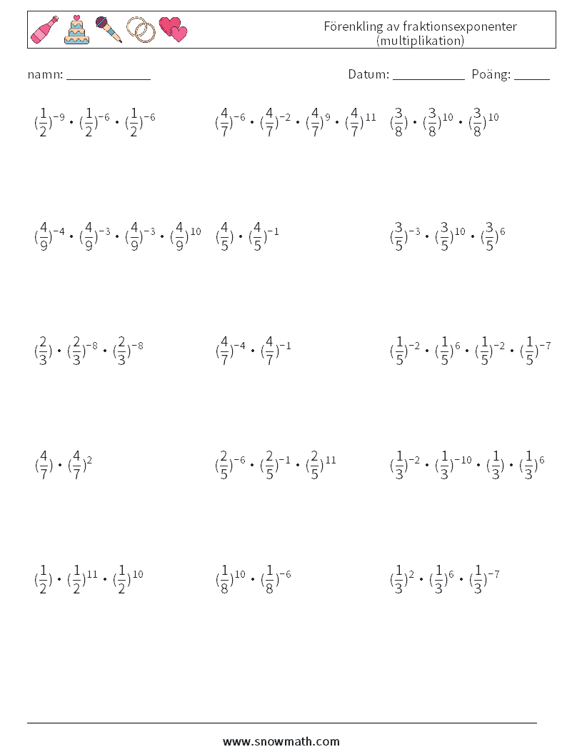 Förenkling av fraktionsexponenter (multiplikation) Matematiska arbetsblad 4