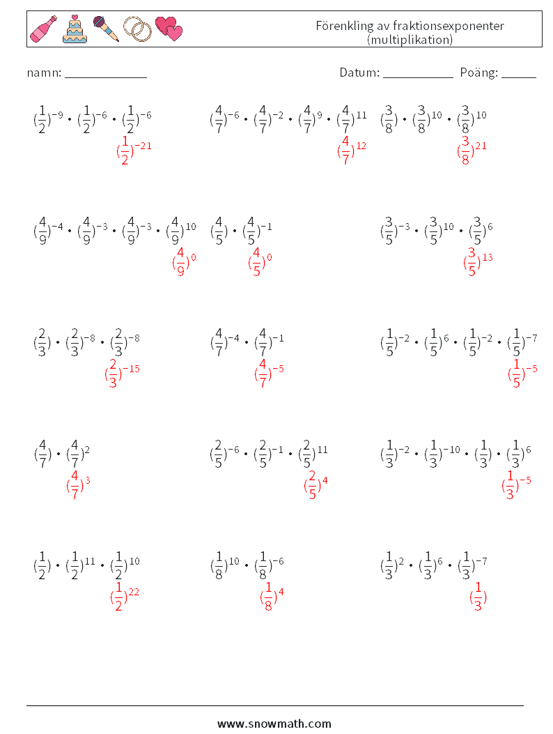 Förenkling av fraktionsexponenter (multiplikation) Matematiska arbetsblad 4 Fråga, svar