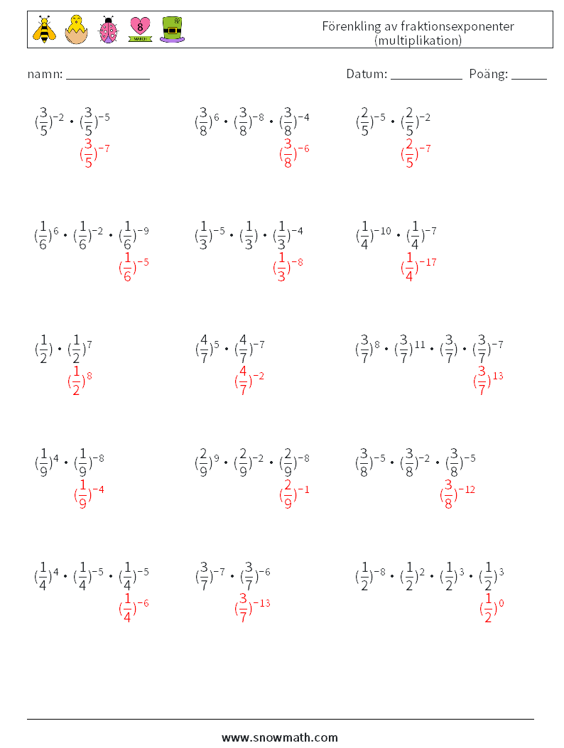 Förenkling av fraktionsexponenter (multiplikation) Matematiska arbetsblad 5 Fråga, svar