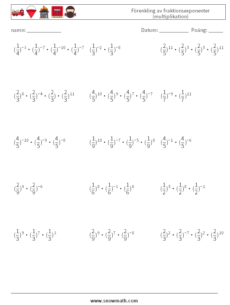 Förenkling av fraktionsexponenter (multiplikation) Matematiska arbetsblad 6