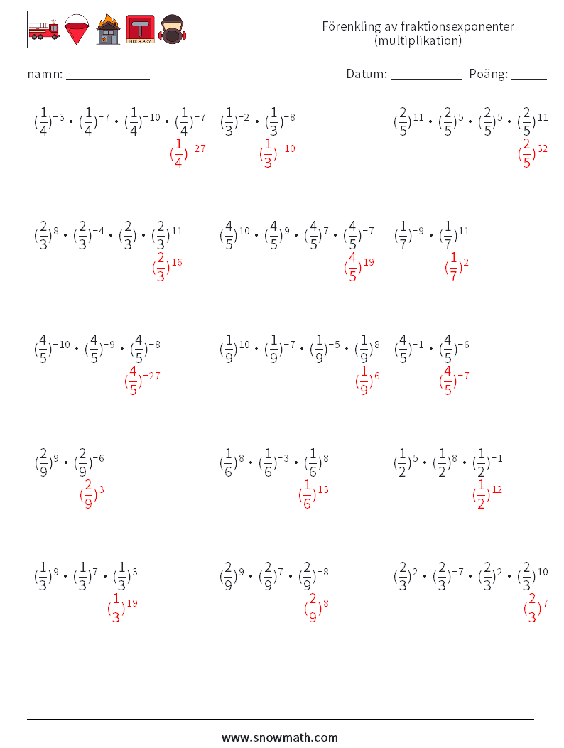 Förenkling av fraktionsexponenter (multiplikation) Matematiska arbetsblad 6 Fråga, svar