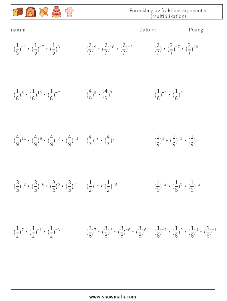 Förenkling av fraktionsexponenter (multiplikation) Matematiska arbetsblad 7