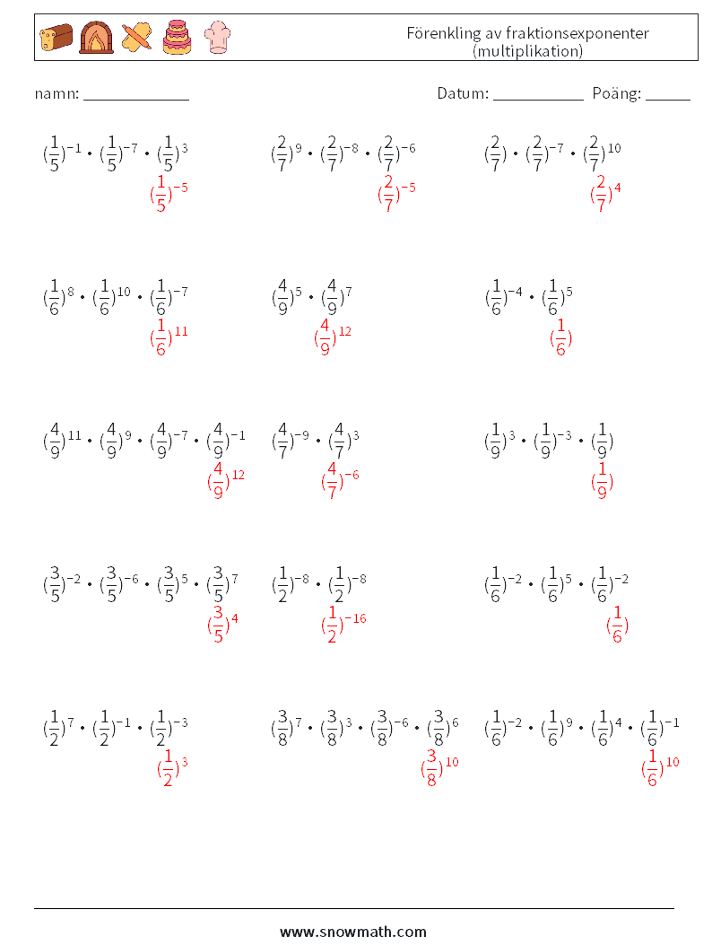 Förenkling av fraktionsexponenter (multiplikation) Matematiska arbetsblad 7 Fråga, svar