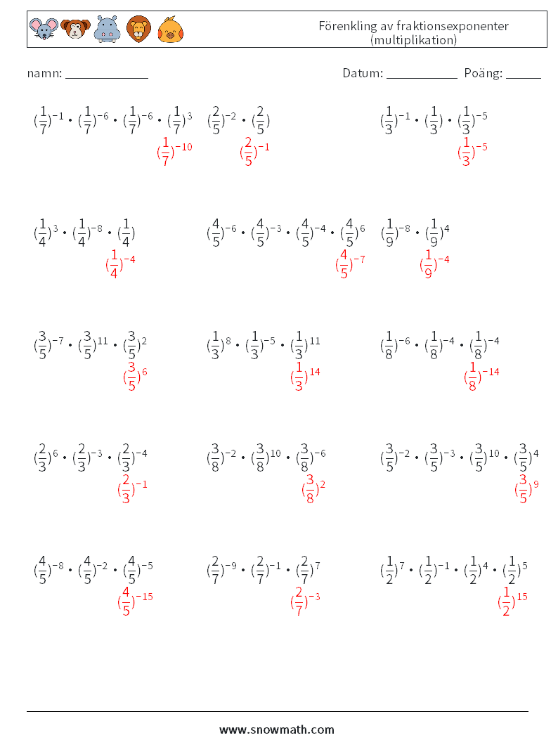 Förenkling av fraktionsexponenter (multiplikation) Matematiska arbetsblad 8 Fråga, svar