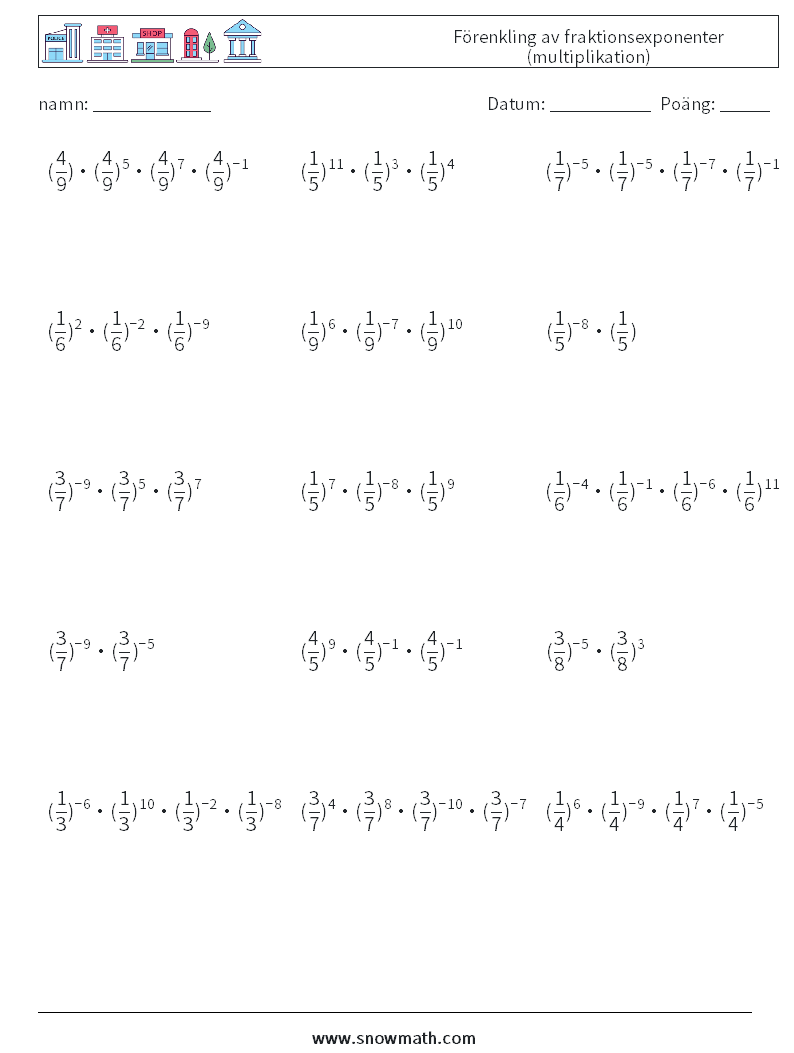 Förenkling av fraktionsexponenter (multiplikation) Matematiska arbetsblad 9