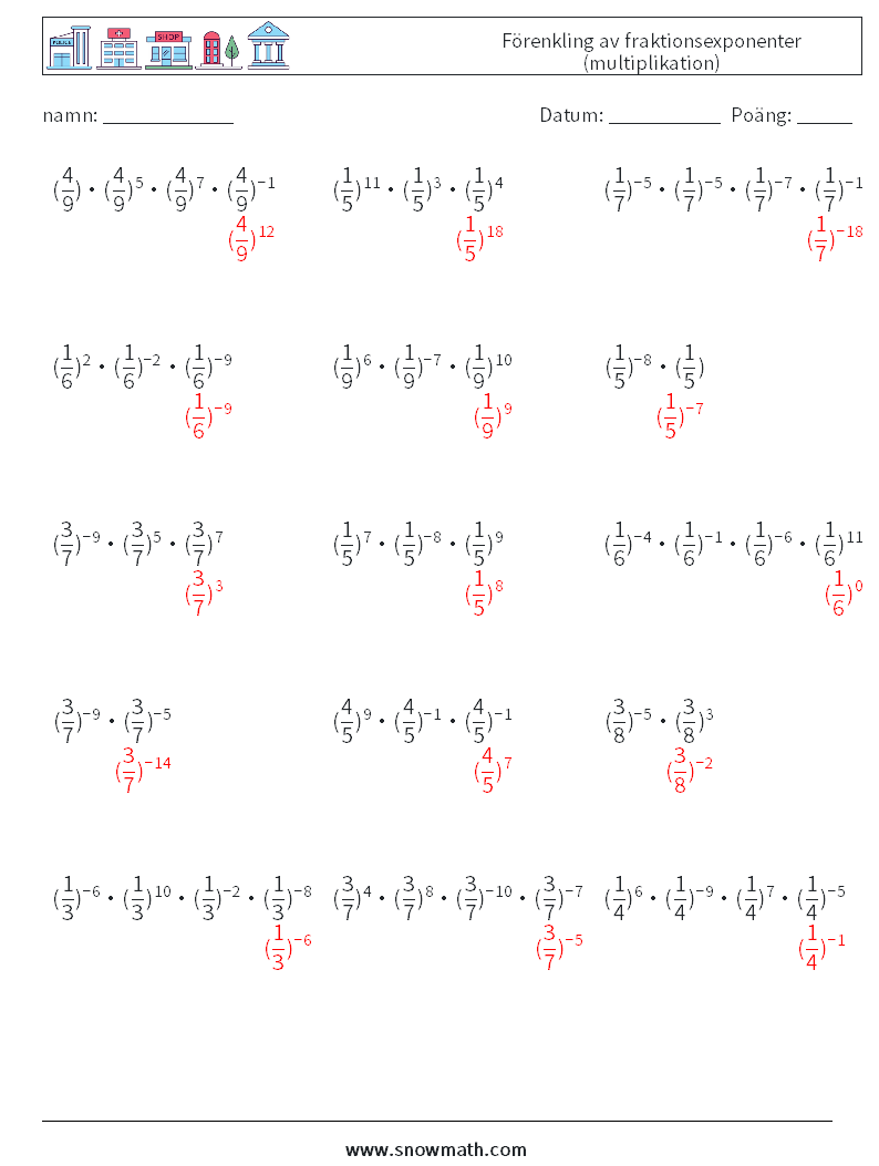 Förenkling av fraktionsexponenter (multiplikation) Matematiska arbetsblad 9 Fråga, svar