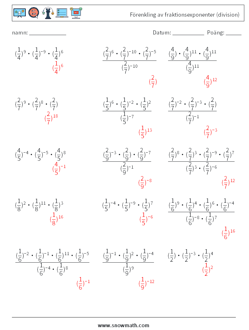 Förenkling av fraktionsexponenter (division) Matematiska arbetsblad 1 Fråga, svar