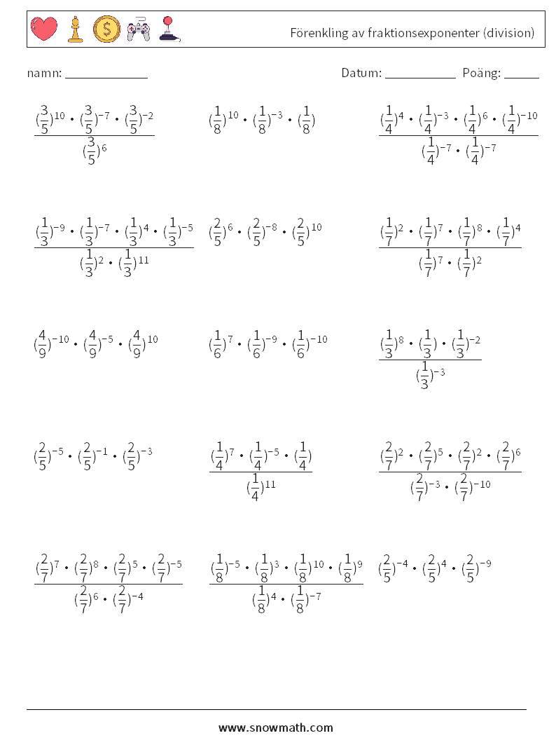 Förenkling av fraktionsexponenter (division) Matematiska arbetsblad 2